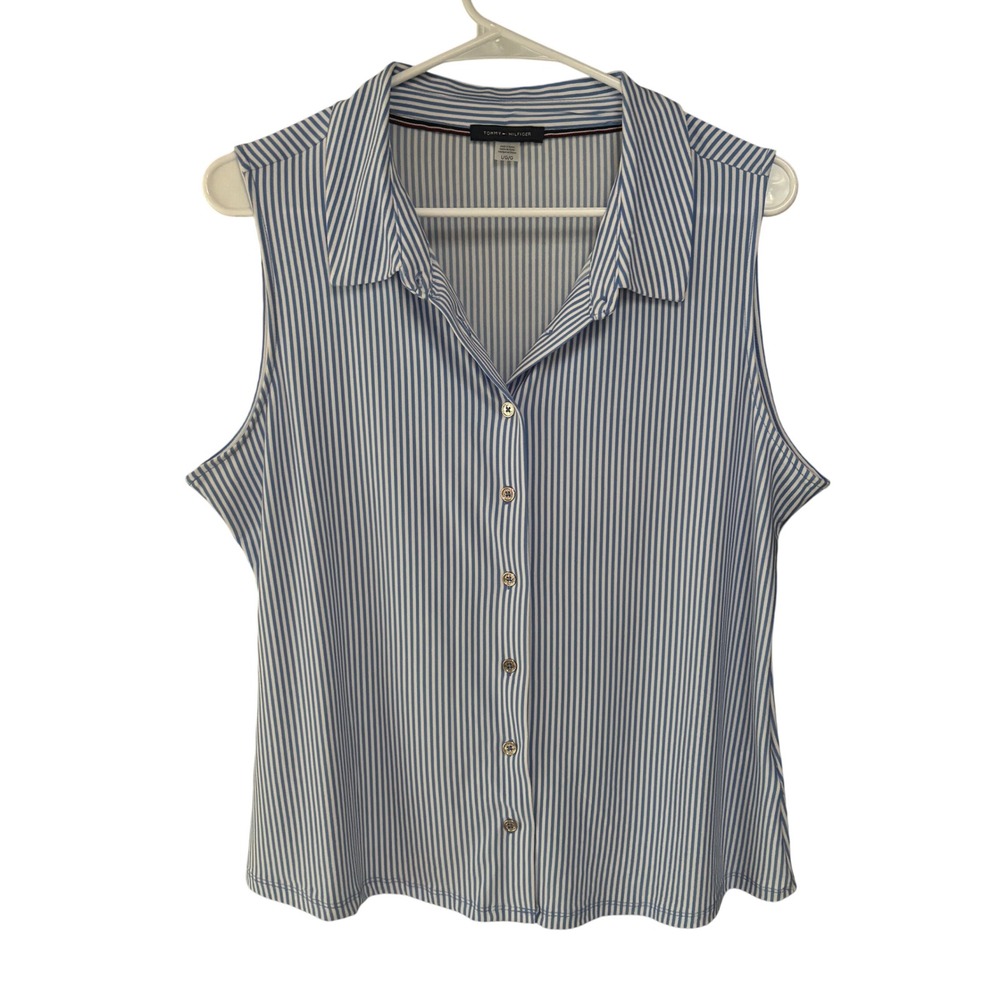 Tommy Hilfiger Sleeveless Top Womens L Blue Stripe Preppy Coastal Office Wear